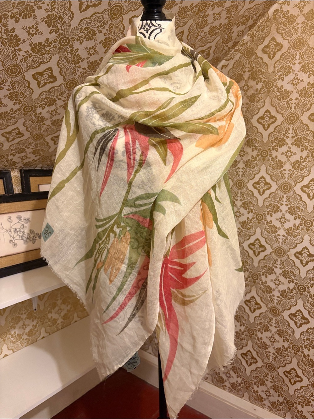 Shelley Hesse New Orleans Tropical Floral Wool Silk Scarf Shawl Wrap